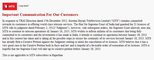 MTS India Promises Customers, it will continue operations beyond January 18, 2013