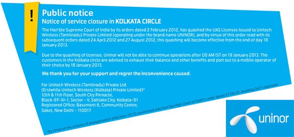 Uninor Public notice on closure for Kolkata and West Bengal subscribers