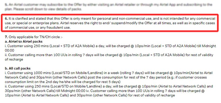 Airtel Unlimited Voice calls New Terms and Condition